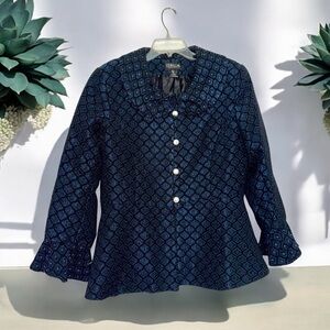 Women’s Blue Button Down Peplum Coat with Rhinestone Embellishments